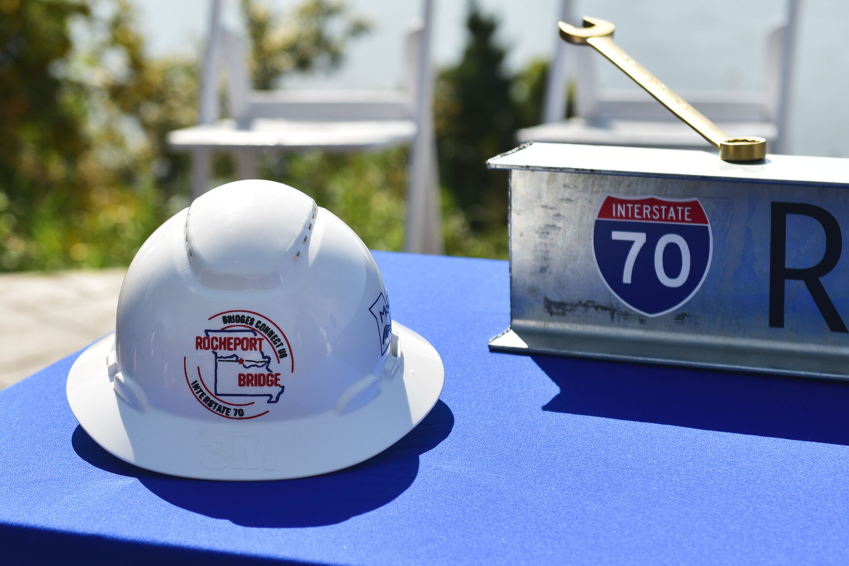 A commemorative hard hat lies on a table on Tuesday, Oct. 12, 2021, at Les Bourgeois Vineyards Bistro